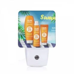 Night Light, A Bottle Of Sunscreen Is Shown On A Blue And White Background.