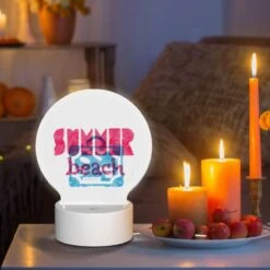 Round Acrylic Night Light, A Pink And Blue Sign That Says "Summer Beach.". -Acrylic Night Light Shop 62c8d3a446c26769c00302e69d6665e07e3f20f3