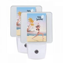 Night Light Set Of 2, A Woman Is Doing A Yoga Pose On A Beach.
