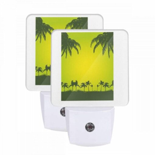 Night Light Set Of 2, A Green And Yellow Sunset With Palm Trees In The Background. -Acrylic Night Light Shop 6423a2a014d24df227826f5053e791baac18613b