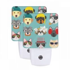 Night Light Set Of 2, A Collection Of Different Dog And Cat Faces.
