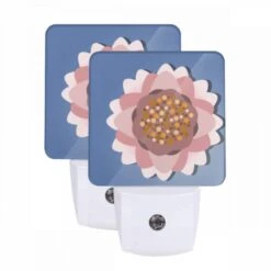 Night Light Set Of 2, A Pink Flower With Yellow Pollen In The Center.