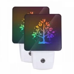 Night Light Set Of 2, A Colorful Tree With Leaves And A Blue Trunk.