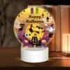 Round Acrylic Night Light, A Colorful Poster With Halloween Decorations And A Witch On A Broom.