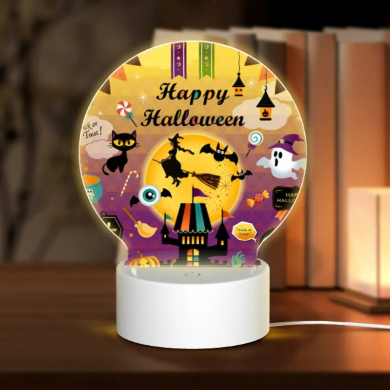 Round Acrylic Night Light, A colorful poster with Halloween decorations and a witch on a broom. Round Acrylic Night Light, A Colorful Poster With Halloween Decorations And A Witch On A Broom. -Acrylic Night Light Shop 652cfec36cfd10469aca3ad0deae86fdac656c2c
