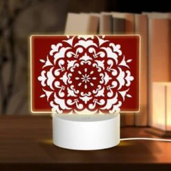 Rectangular Acrylic Night Light, A White And Red Flower Design On A Red Background.
