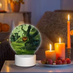 Round Acrylic Night Light, A Colorful Cartoon Scene Of A House With A Pumpkin On The Doorstep And A Tree With A Pumpkin On It. -Acrylic Night Light Shop 67c9698b9372c934c64d7171bf8f0dbded2ee60e