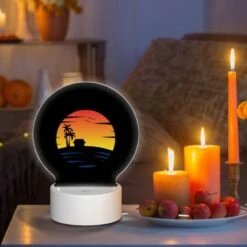Round Acrylic Night Light, A Sunset With A House And A Palm Tree. -Acrylic Night Light Shop 67e1d08183a8588aeb82f474b41ddca643c3f702