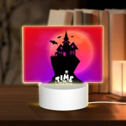 Rectangular Acrylic Night Light, A Black And White Image Of A Haunted House With A Pink Roof And A Moon In The Background.