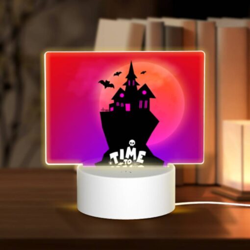 Rectangular Acrylic Night Light, A Black And White Image Of A Haunted House With A Pink Roof And A Moon In The Background. -Acrylic Night Light Shop 697a4190de59b20e90ccef680f224ce1ce9782c0