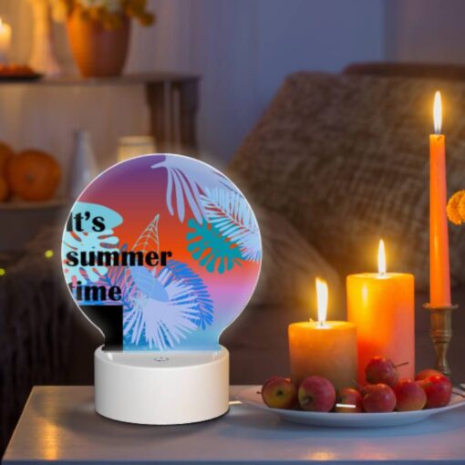 Round Acrylic Night Light, A Colorful Image Of A Palm Tree With The Words "It's Summer Time" Written On It. -Acrylic Night Light Shop 69ffae7152bffcca065eaa1e56a4e94bce202023