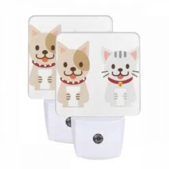 Night Light Set Of 2, Two Cute Cat Cartoons Holding A Cup.