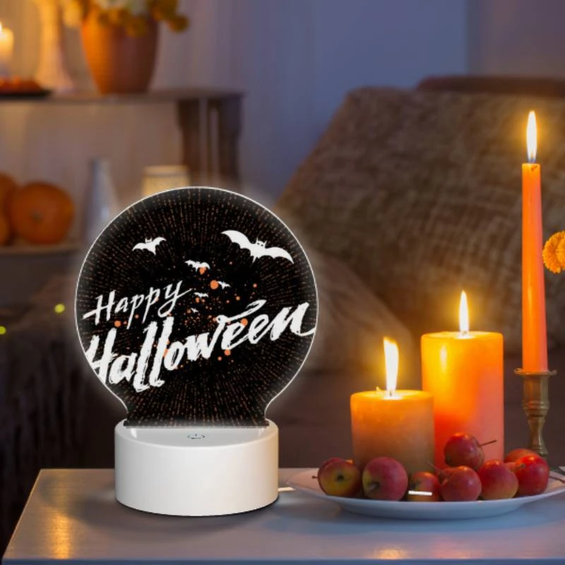 Round Acrylic Night Light, A black and white image of bats and the words "Happy Halloween" written in orange. Round Acrylic Night Light, A Black And White Image Of Bats And The Words "Happy Halloween" Written In Orange. -Acrylic Night Light Shop 6d3e7018b5535d4cccd2dd8ef768a57c45f70544