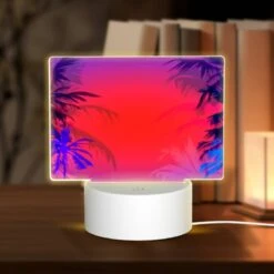 Rectangular Acrylic Night Light, Two Palm Trees Are In The Background Of A Blue And Red Sky.