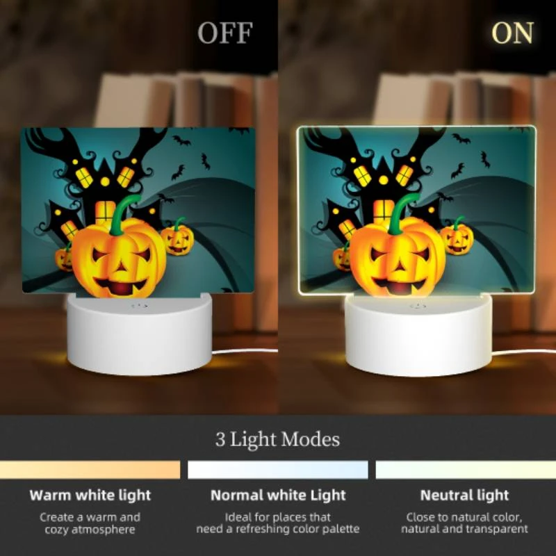 Rectangular Acrylic Night Light, A pumpkin with a face on it is shown in front of a haunted house. Rectangular Acrylic Night Light, A Pumpkin With A Face On It Is Shown In Front Of A Haunted House. -Acrylic Night Light Shop 6ecd44d07eb3b424d50206c82844b2d59ab90fde