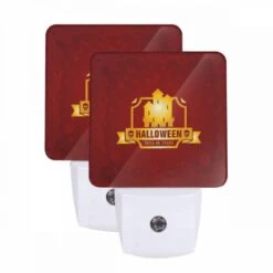 Night Light Set Of 2, A Halloween Logo With A House And A Skeleton.