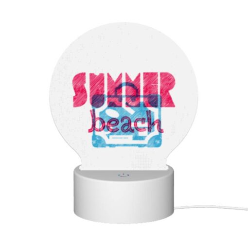 Round Acrylic Night Light, A Pink And Blue Sign That Says "Summer Beach.". -Acrylic Night Light Shop 741cc6f8ae27117cf5e51c695dd662301a8cdb44