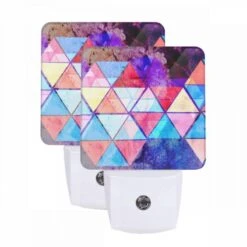 Night Light Set Of 2, A Colorful Triangular Pattern With A Blue Background.