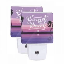 Night Light Set Of 2, A Sunset Beach Sign With A Moon In The Background.