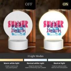 Round Acrylic Night Light, A Pink And Blue Sign That Says "Summer Beach.". -Acrylic Night Light Shop 7563cc2f98a1b860366e96d5e324f55625486f8a