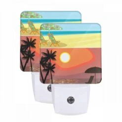 Night Light Set Of 2, A Beach Scene With A Sunset