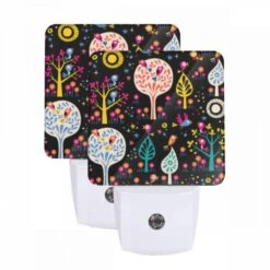 Night Light Set Of 2, A Colorful Tree With Birds Sitting On It.