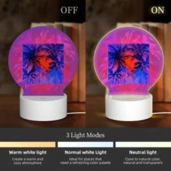 Round Acrylic Night Light, A Colorful Image Of Palm Trees With A Pink And Blue Background. -Acrylic Night Light Shop 7691e6774718d46530f245b1af2edb627de62b85