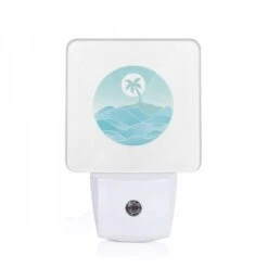 Night Light, A Blue And White Ocean With A Palm Tree In The Middle.