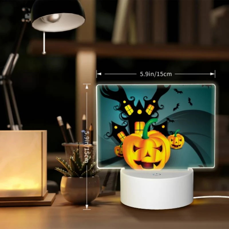 Rectangular Acrylic Night Light, A pumpkin with a face on it is shown in front of a haunted house. Rectangular Acrylic Night Light, A Pumpkin With A Face On It Is Shown In Front Of A Haunted House. -Acrylic Night Light Shop 7947e1dee4f813722bb80366fecfe8ae86ff2010