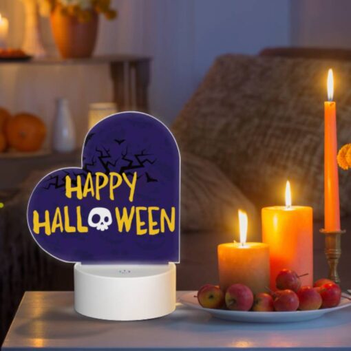 Love Acrylic Night Light, A Purple Background With A Skull And Crossbones And The Words "Happy Halloween" Written In Yellow. -Acrylic Night Light Shop 7ad4112c23eb67a6557f0db3bd3b3a063b86cae3