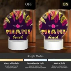 Round Acrylic Night Light, A Colorful Beach Scene With Palm Trees And The Word "Miami" Written In Yellow. -Acrylic Night Light Shop 7e8e5998874494e3d036027a18ed9f854d4860ee