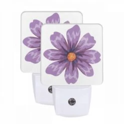 Night Light Set Of 2, A Purple Flower With An Orange Center.