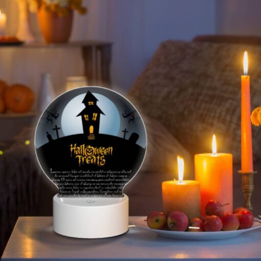 Round Acrylic Night Light, A Halloween Treat Poster With A House And A Moon. -Acrylic Night Light Shop 7ec626cbd77288b3d366f3bad56890f1859b25a8