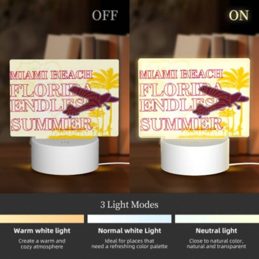 Rectangular Acrylic Night Light, A Plane Is Flying Over A Beach With The Words "Miami Beach Florida" Written On It. -Acrylic Night Light Shop 815bbc298ccce3cb0f8a3be09ac7d7ec6322e097