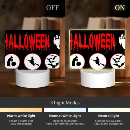 Rectangular Acrylic Night Light, A Halloween Sign With Four Different Images Of Witches And Bats. -Acrylic Night Light Shop 85540e3ebd6cc72927447494752c5c975f2f3679