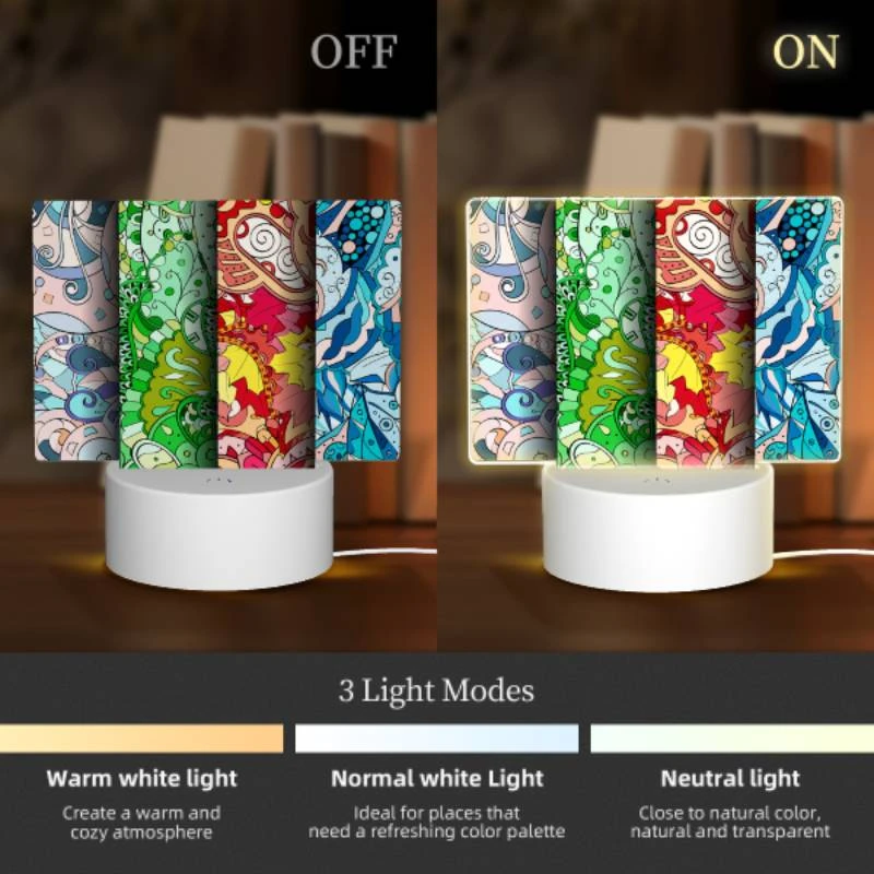 Rectangular Acrylic Night Light, Three colorful designs are displayed on a row of paper. Rectangular Acrylic Night Light, Three Colorful Designs Are Displayed On A Row Of Paper. -Acrylic Night Light Shop 87665817a3538344b5f1f14f7e1d7da3cef05ecc