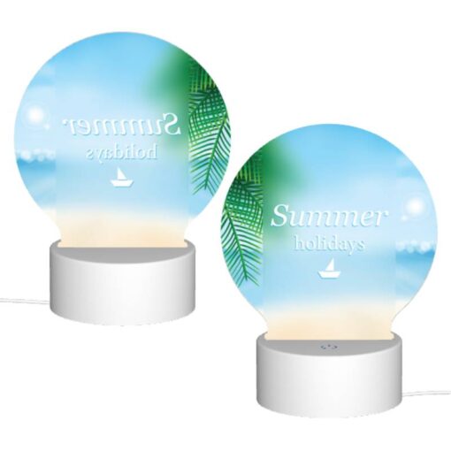 Round Acrylic Night Light, A Picture Of A Beach With A Boat And Palm Trees. -Acrylic Night Light Shop 88423172487be5be3c8360b58d59ab1ae8fd873b