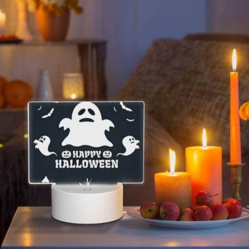 Rectangular Acrylic Night Light, A Ghost Is Shown With The Words "Happy Halloween" Written Below It. -Acrylic Night Light Shop 884bfd0cf0e319a7121682abb7fe43f0c68721c9