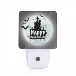 Night Light, A Poster With A Castle And Bats On It That Says "Happy Halloween.".