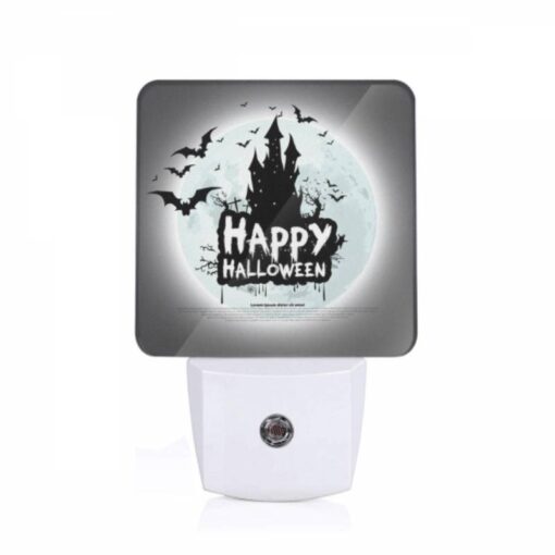 Night Light, A Poster With A Castle And Bats On It That Says "Happy Halloween.". -Acrylic Night Light Shop 89eaca0019932a457df21d600ad1287fe08410f9