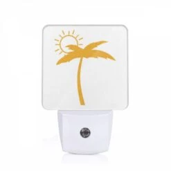 Night Light, A Sunny Day With A Yellow Sun And Two Palm Trees.
