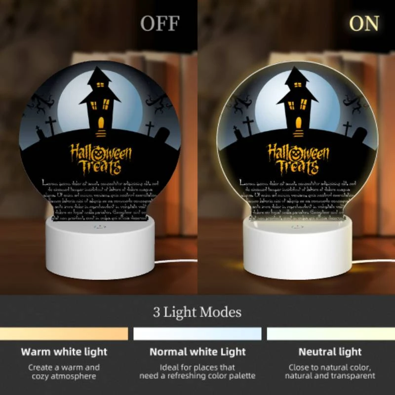 Round Acrylic Night Light, A Halloween treat poster with a house and a moon. Round Acrylic Night Light, A Halloween Treat Poster With A House And A Moon. -Acrylic Night Light Shop 8fc0f2e1a19d3724e7b5bbaced1140324f0a05a7