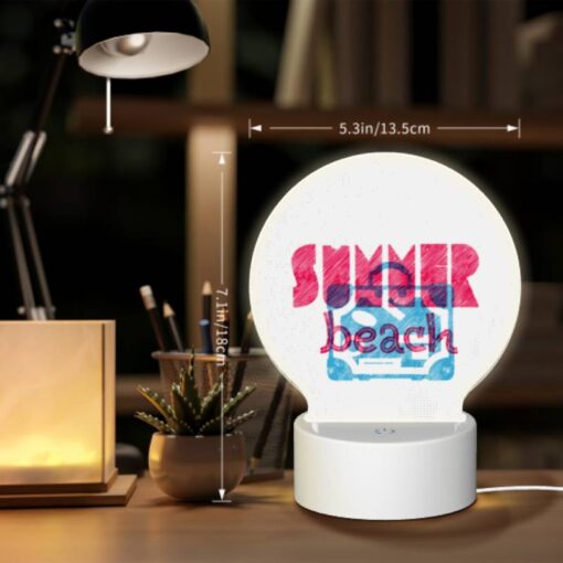 Round Acrylic Night Light, A Pink And Blue Sign That Says "Summer Beach.". -Acrylic Night Light Shop 8fc8f3bda4950aecff0ce79c0672e684532055c3