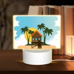 Rectangular Acrylic Night Light, A House On A Beach With A Sunset In The Background.
