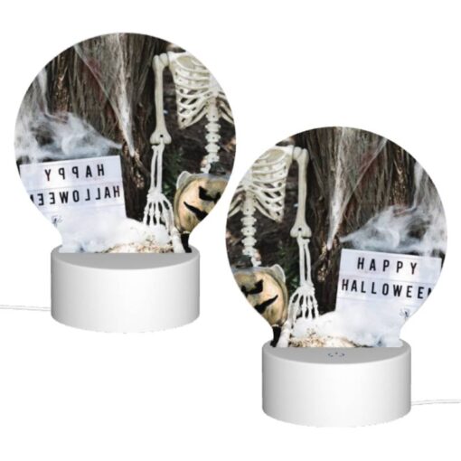 Round Acrylic Night Light, A Skeleton And A Pumpkin Are Placed Next To A Sign That Reads "Happy Halloween." -Acrylic Night Light Shop 90c74df348a0f4fccb31503721d2b2e631b114b3
