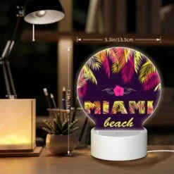 Round Acrylic Night Light, A Colorful Beach Scene With Palm Trees And The Word "Miami" Written In Yellow. -Acrylic Night Light Shop 912cef6be65aef46929122577605740a176ae3d3