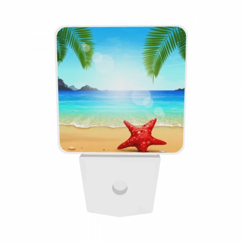 Night Light Set of 2, A red starfish is sitting on the beach in front of the ocean. Night Light Set Of 2, A Red Starfish Is Sitting On The Beach In Front Of The Ocean. -Acrylic Night Light Shop 91e655fef24ce982a0c2138c63e289c0d29a284c