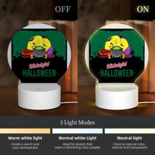 Round Acrylic Night Light, A Poster With A Witches Hat And A Cauldron With A Green Background. -Acrylic Night Light Shop 923bea6f8af17cfd461048d6e6c0bd44164823c6