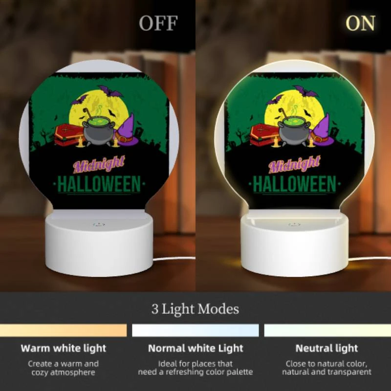 Round Acrylic Night Light, A poster with a witches hat and a cauldron with a green background. Round Acrylic Night Light, A Poster With A Witches Hat And A Cauldron With A Green Background. -Acrylic Night Light Shop 923bea6f8af17cfd461048d6e6c0bd44164823c6