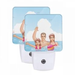 Night Light Set Of 2, A Family Of Three Is Enjoying A Day At The Beach.